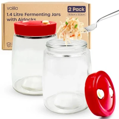 Image of volila Fermentation Jars 1.4 Litre Fermenting Jar with Airlock 2 Pack 1 Way Air Release Vent Used as Kimchi Container, Kombucha, Sourdough and Sauerkraut