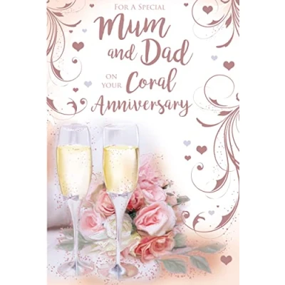 Image of Mum &amp; Dad On Your Coral 35th Champagne Roses Happy Anniversary Card Lovely Verse