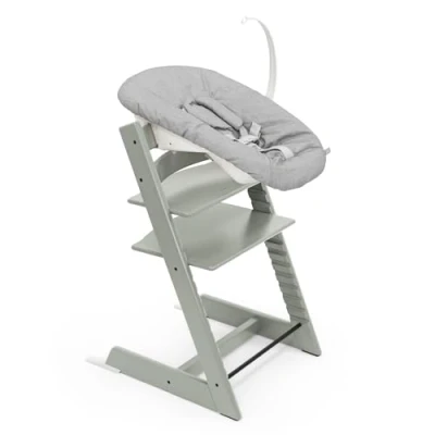 Image of Stokke Tripp Trapp Chair (Glacier Green) with Newborn Set (Grey) Cosy, Safe &amp; Simple to Use for Newborns Up 20 lbs