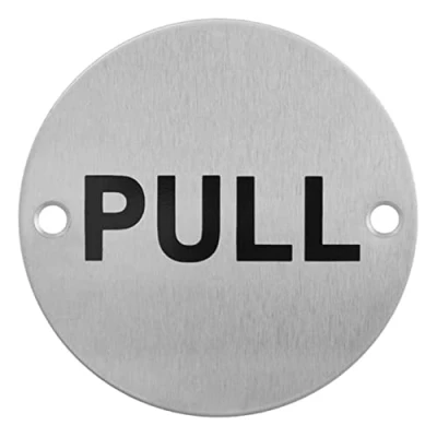 Image of V Safety Fire door &#039;PULL&#039; Sign, Stainless Steel, 76mm, Sign with fixings