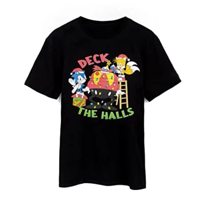 Image of Sonic The HEDGEHOG Mens Christmas T Shirt Deck Halls Short Sleeve Seasonal Graphic Tee for Adults Tails Doctor Eggman Black Xmas Top Men TMNT Merchandise Gift Him