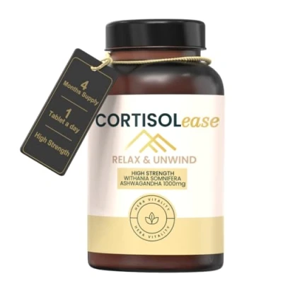 Image of Cortisol Ease, Reducing Supplement with 1000 mg Ashwagandha, 120 Tablets to Lower Stress Hormones, Balance and Reduce Fatigue, HERA Vitality