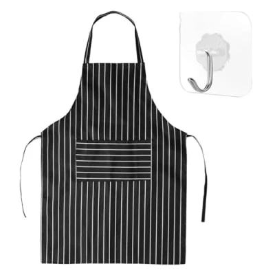 Image of WUFGWBD 1 Piece Striped Apron, Hook, Waterproof And Stain Proof Apron With Pockets, Tie Up Kitchen Baking Cooking Oil Coverall