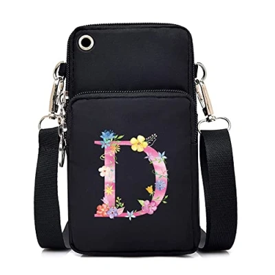 Image of FINDING CASE initial letter Printed Women Girls men Zipper Waterproof Nylon 3 Layers Crossbody Bags Wallet Cellphone Purse Shoulder Bag Wristlet Handbags Adjustable Strap (pink D)
