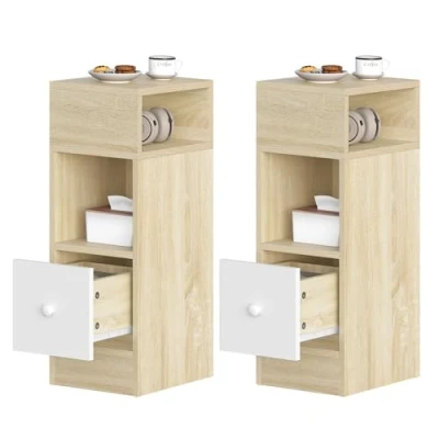 Image of eSituro Set of 2 Narrow Bedside Tables with Open Compartments 1 Drawer, Slim Nightstand 25x30x66 cm, Space Saving Cabinet Night Table for Bedroom Living Room, Wooden, SBT0002