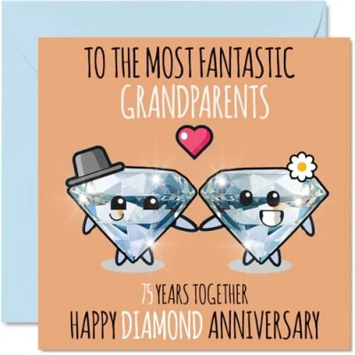 Image of Cute Diamond Anniversary Card for Grandparents 75 Years Together Happy 75th Wedding Cards Nanny Grandad Grandma, 145mm x Greeting Seventy Fifth Anniversaries