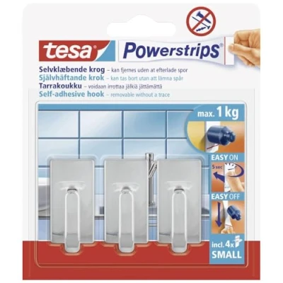 Image of tesa UK Powerstrips Hooks Small RECTANGLE/CHROME EFFECT Removable Self Adhesive Wall Hook for Glass, Tiles, Wood, Plastic and Other Surfaces Waterproof Strong Hold up to 1 kg