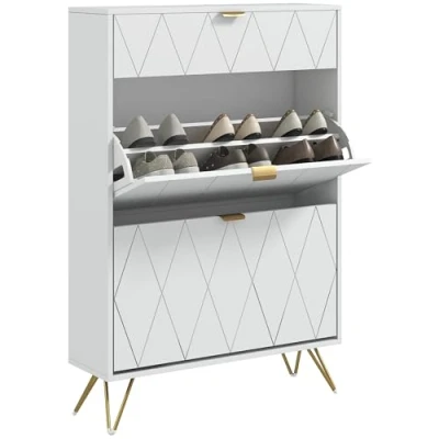 Image of HOMCOM Narrow Shoe Cabinet with 3 Flip Doors for 12 Pairs of Shoes, Slim Storage Adjustable Shelves Hallway, Entryway, White