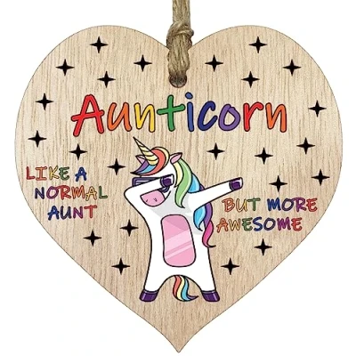 Image of Auntie Birthday Gift for Her Aunticorn Wooden Heart Plaques, Light Wood Sign Keepsake, Funny Aunty Happy Plaque Gifts Unicorn Awesome Aunt Present from Nephew or Niece