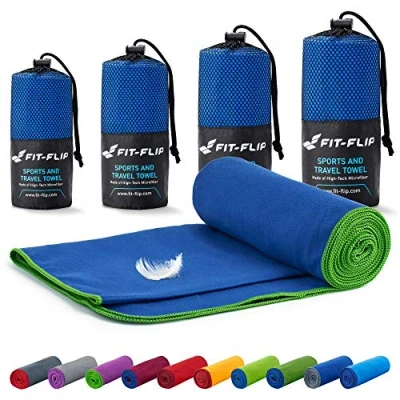 Image of Fit Flip Camping towel ultra lightweight &amp; compact microfibre quick dry sports for gym the perfect beach, travel swim (50x110cm dark blue green edge)