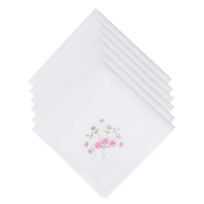 Image of Selected Hanky Women&#039;s Cotton Handkerchiefs Flower Embroidered with Lace, Ladies Hankies 6 Pcs Pink Floral