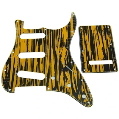 Image of Dopro 11 Hole Strat SSS Pickguard ST Back Plate Trem Cover for USA/Mexican FD Black Yellow Wicker