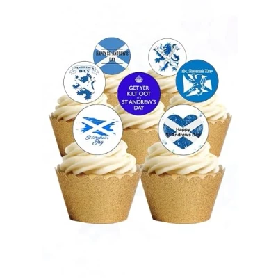 Image of 24 Precut Round St Andrews Day Scotland Scottish Edible Wafer paper Cake Toppers