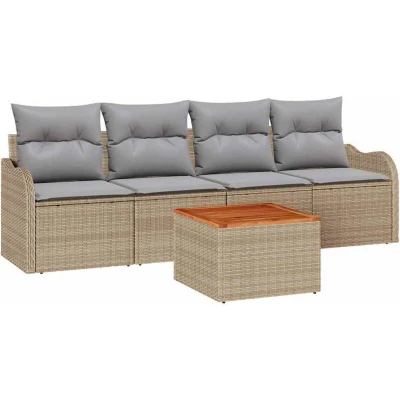 Image of vidaXL 5 Piece Garden Sofa Set with Cushions Beige Poly Rattan Acacia