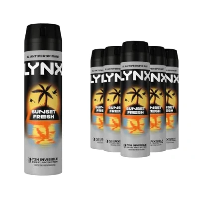 Image of Lynx XL Sunset Fresh Antiperspirant Multipack with Mango and Mandarin Scent Long Lasting Fragrance 72 Hours Invisible Sweat Protection Deodorant Spray for Men 200 ml, 5 Pack