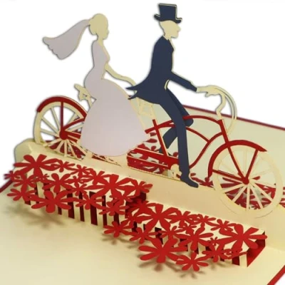 Image of LIN Pop Up 3D Greeting Card for a wedding, Bridal Couple on tandem, handmade, (#88)