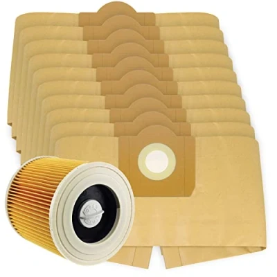 Image of SPARES2GO High Filtration Large Bags + Filter Cartridge for Karcher WD3 WD3P MV3 Wet &amp; Dry Vacuum Cleaner (Pack of 10 Filter)