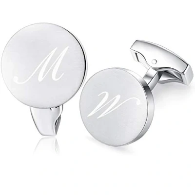Image of HONEY BEAR Initial Alphabet Letter Cufflinks for Men, Silver Round Shape Stainless Steel Wedding Business Gifts A Z (M)