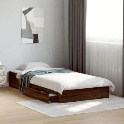 Image of vidaXL Engineered Wood Single Bed Frame with Drawers Brown Oak, Modern Bedroom Storage Furniture, 90x200 cm for Standard Mattress Size