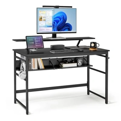Image of Mondeer Computer Desk, Workstation Writing Desk with 2 Adjustable Storage Shelves and Large Monitor Stand, Space Saving for Home Office Studio, 120 x 60 90 cm, Black