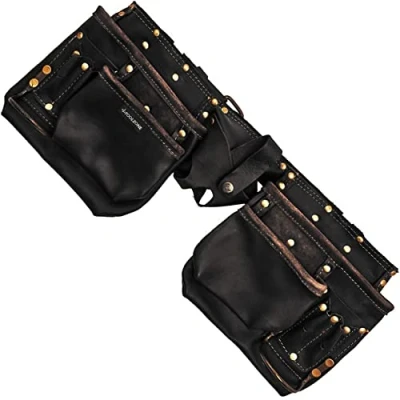 Image of Tzone 12 x Pockets TOOLZONE PREMIUM Tool Belt BLACK OIL TANNED GENUINE Leather Double Pouch Builders Construction Carpentry Work Bag Nails Power Tools DIY Workshop UK FREE P&amp;P