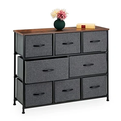 Image of Relaxdays Chest of Drawers, Industrial Design, 78.5 x 100 30 cm, 8 Sections, Fabric &amp; Metal, Wooden Look, Grey/Brown, Polyester, Steel, Fibreboard