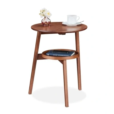 Image of Relaxdays Side Table, with 2 Tiers, HWD: 60x47x40 cm, Round, for Living Room, Couch &amp; Sofa, Coffee Stand, Bamboo, Brown, Fibreboard