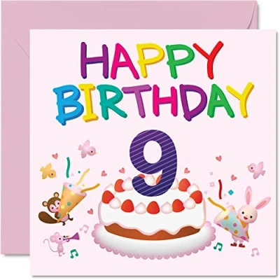 Image of 9th Birthday Card Girl Critter Party Happy 9 Year Old Girl, Girls Cards for Her, 145mm x Greeting Daughter Niece Granddaughter Kid Children