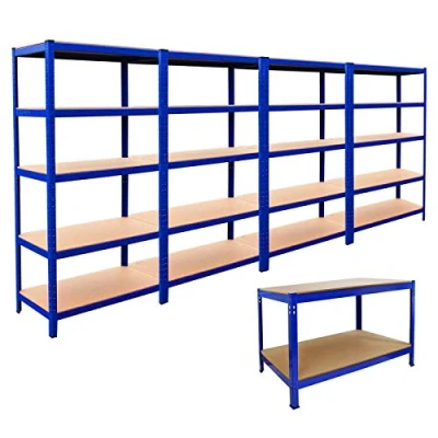Image of 4 Bay 180cm x 90cm 45cm Blue 5 tier (280KG Per Shelf) 1400KG Capacity With 1 Workbench Garage Shed Storage Metal Shelving Units