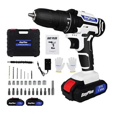 Image of Cordless Combi Drill &amp; Impact Driver Set with 2X 21V 1500mAh Li Ion, 1 Hour Quick Charge, Variable Speed, 25+1 Torque Setting, 45N.m Torque, Double Crosshead Screwdriver Storage Case