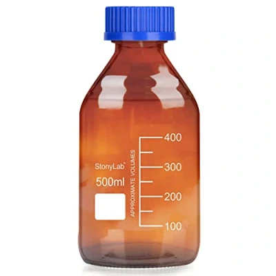 Image of stonylab Storage Bottles with GL45 Screw Cap, 500 ml Amber Glass Graduated Round Bottle for Lab Reagent Media Blue 1 Pack