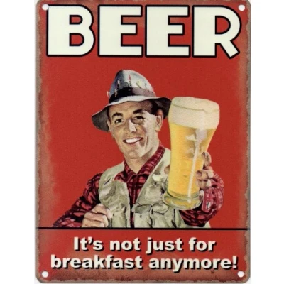 Image of BEER It&#039;s not just for breakfast anymore Metal Sign Nostalgic Vintage Retro Advertising Enamel Wall Plaque 200mm x 150mm