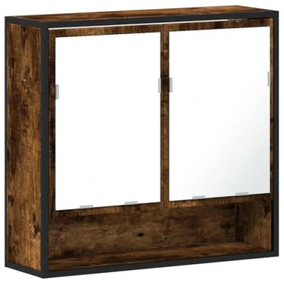 Image of vidaXL bathroom mirror cabinet smoked oak 65x20x60 cm engineered wood with metal frame for modern style, ample storage space, wall mountable, clear undistorted reflection grooming tasks