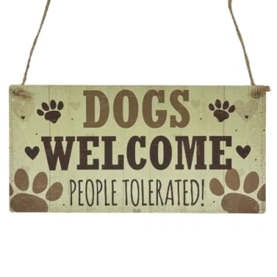 Image of Second Ave Dogs Welcome People Tolerated Animal Pet Lover Wooden Hanging Rectangle Gift Sign Plaque