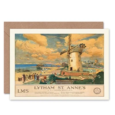 Image of Wee Blue Coo TRAVEL ENGLAND LANCASHIRE LYTHAM ST ANNES WINDMILL BLANK GREETINGS CARD