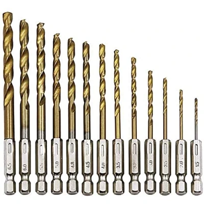 Image of 13Pcs Hex Shank Twist Drill bit Set 1.5 6.5 mm Titanium Coated HSS High Speed Steel Quick Change 1/4&quot;hex Drilling Tools for Daily Us Wood, Metal, Aluminum Alloy