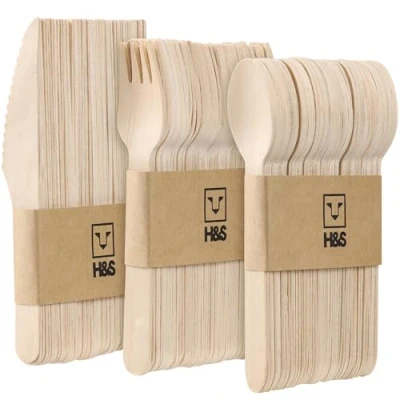 Image of H&amp;S Wooden Cutlery Set Wood Spoon, Fork and Knife Disposable Alternative to Plastic Forks, Spoons, Knives Knives, Forks 150 Piece