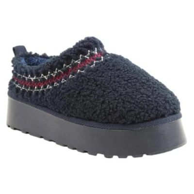 Image of Heavenly Feet Faux Wool Slippers Platform Soft Fluffy Lining Cosy Outdoor Sole Loungewear (Navy, UK Footwear Size System, Adult, Women, Alpha, Medium, Medium)