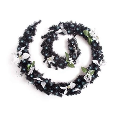 Image of Best Artificial Black Silver Decorated Christmas Garland with Bright White LED Lights (9ft / 270cm)