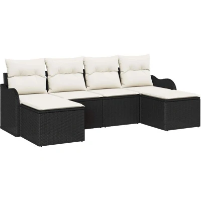 Image of vidaXL 6 Piece Garden Sofa Set with Cushions Black Poly Rattan