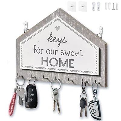 Image of Echehi 7 Hooks Wooden Key Holder, Self Adhesive or Drilling 2 Ways Installation Rack, Wall Mounted, Holder for The Home(Grey)