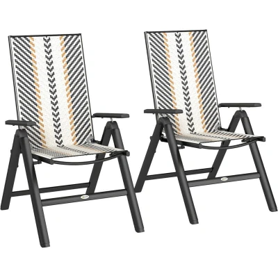 Image of Outsunny Outdoor Rattan Folding Chair with 5 Position Adjustable Backrest, Wicker Garden Dining Wide Armrest, Set of 2 for Patio, Terrace, Balcony, Black