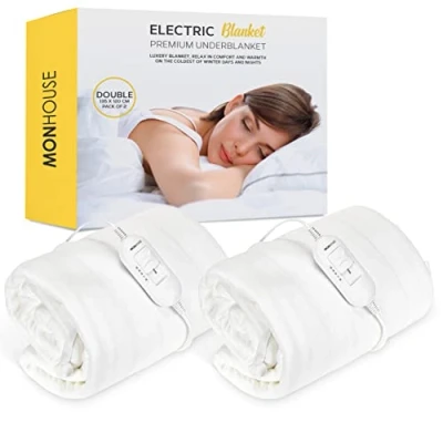 Image of MONHOUSE Premium Soft Fleece Electric Blanket Heated Under Fully Fitted Mattress Cover Detachable Controller &amp; Machine Washable 3 Heat Settings Double 120x135cm White