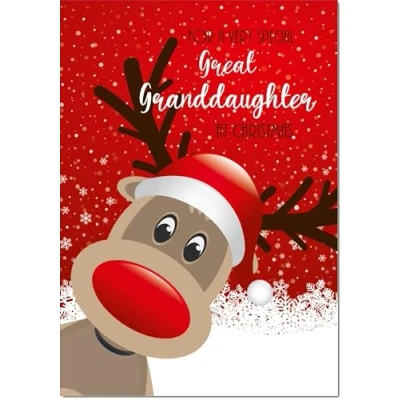 Image of doodlecards Great Granddaughter Christmas Card Rudolph in Snow Medium Size for with Plain Envelope