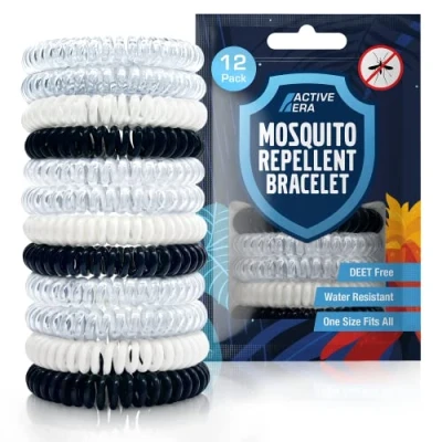 Image of Active Era Mosquito Repellent Bracelet, Insect Midge &amp; Bands Powerful DEET Free Formula Waterproof with 250 Hours / 10 Days of Protection (Clear/Black/White 12 Pack)