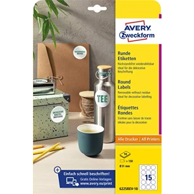 Image of AVERY Zweckform 6225REV 10 Round Labels (150 Adhesive Dots, Diameter 51 mm on A4, Stickers for Printing, Removable Without Residue/Removable, Self Jam Labels), Sheets, White