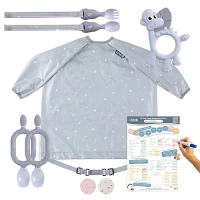 Image of BIBaDO Starter Baby Feeding Set Includes Bibs, Weaning Spoons, Cutlery, Teether &amp; Poster, BPA Free, Perfect for and First Foods Mist