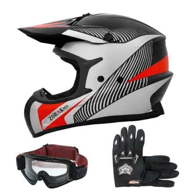 Image of Zorax Black/Silver/Red XL (61cm) ZOR X305 Motocross Helmet &amp; Gloves XL(11cm) Goggles MX Quad ATV Sports Enduro Crash Dirt Bike ECE 22.06 Certified