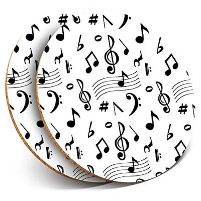 Image of 2 x Round Coasters Music Notes Pattern Band Musician Cork Backed Home Kitchen Accessory Tea Coffee Mug Mat #45817
