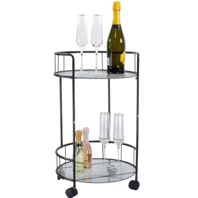 Image of 2 Tier Black Drinks Trolley Bar Serving Cart on Wheels With Two Glass Shelves Storage